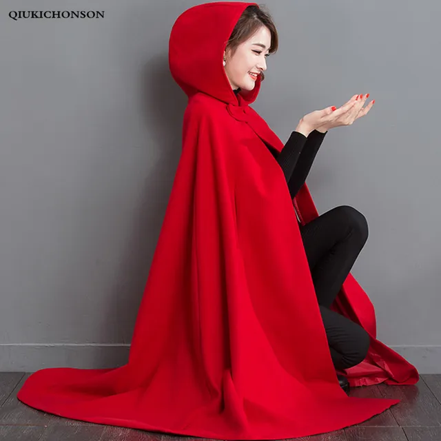 Price 2018 Autumn Winter Womens Capes Red Hooded Poncho Woolen Coats Batwing Long Cloak capas y ponchos damas