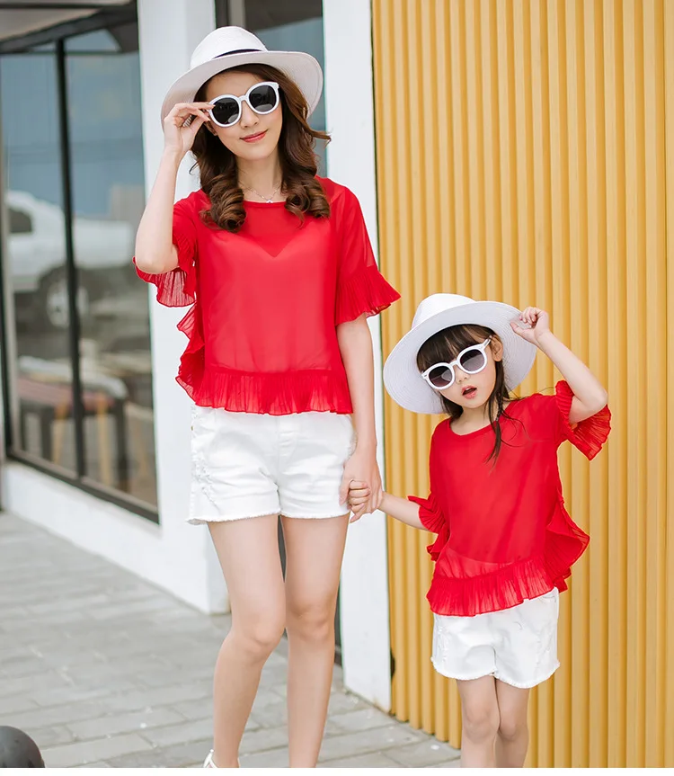 Family-matching-outfits-2017-summer-red-chiffon-ruffle-T-Shirt-white ...