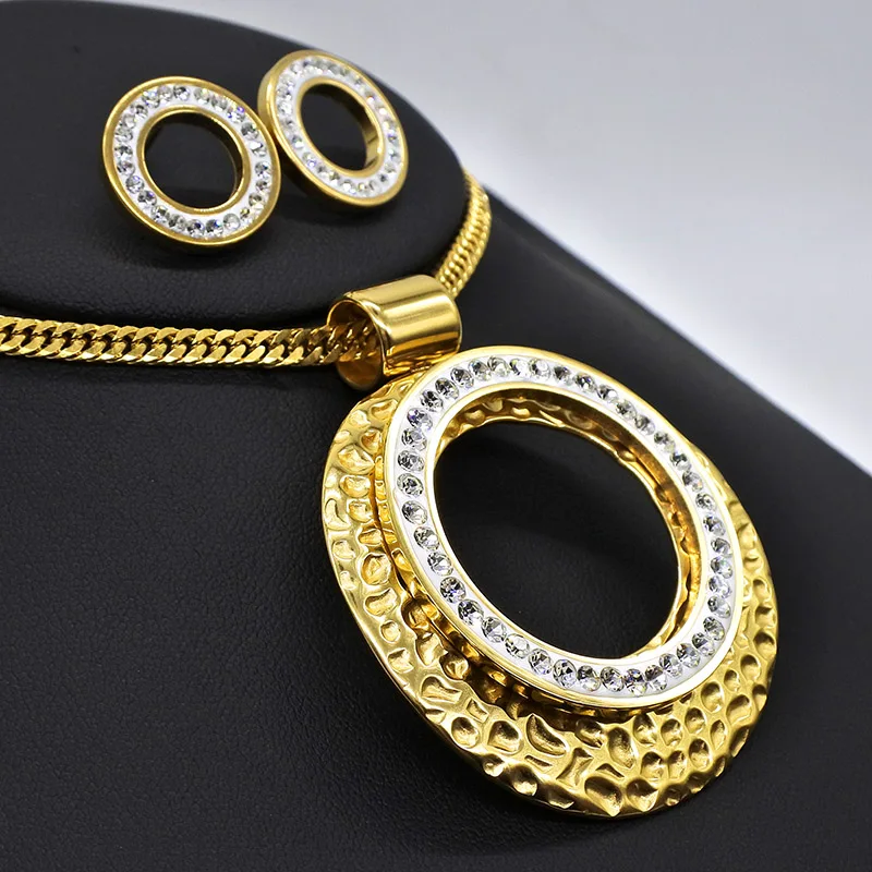 AMUMIU Trendy Jewelry Rhinestone Oval Hollow Round Pendant Gold Color Necklace Earring For Women Wedding Party JS087