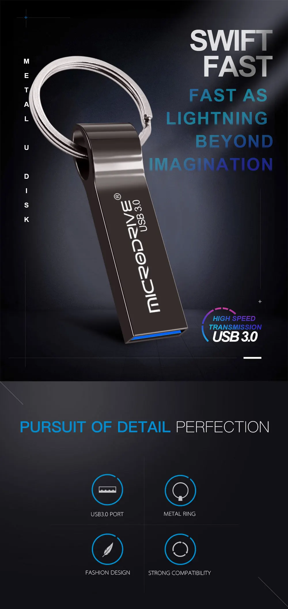 Высокая скорость USB 3,0 Металлический флеш-накопитель 16 ГБ 32 ГБ 64 ГБ 128 ГБ флеш-накопитель водонепроницаемый usb флеш-накопитель флешки с цепочкой для ключей