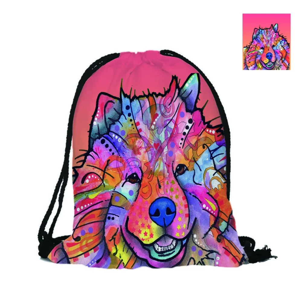 Custom Drawstring Bag 3D Printing Backpack Samoyed Dog Mochila White
