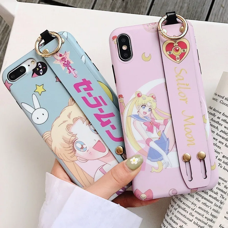 

Sailor Moon Case for iPhone XR X XS Max 7 8 6 6S Plus Cute Japan Anime Lovely Wrist Strap Phone Holder Cover for iPhone 7 X Case