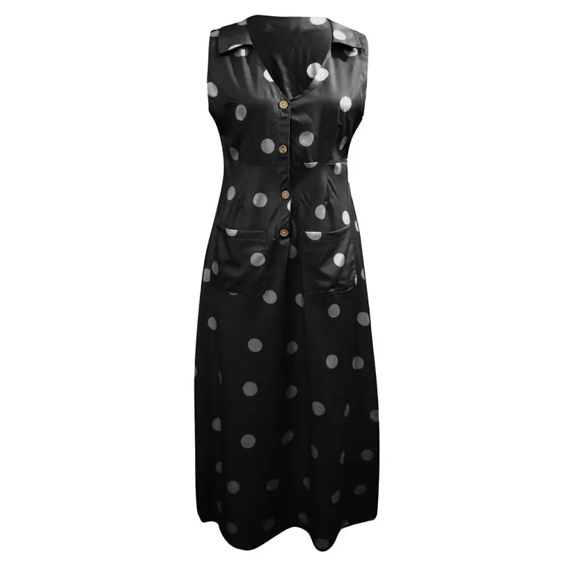 New Women Summer Fashion Elegant Casual Dot Print Boho Dress Turn-down V-neck Dress Button Pocket Bohemian Dress #4A25 (17)