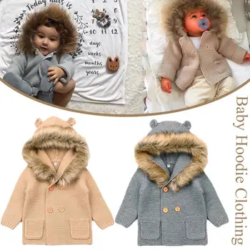 

Newborn Baby Girls Boy Knitted Clothes Autumn Winter Fur Collar Long Sleeve Outdoor Hooded Sweater Bear Ears for Infant