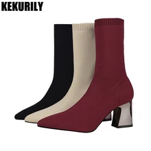 Woman Shoes Fashion Sock boots Pointed Toe Slip on Ankle Boot Ladies Metal High Heels Short Shoe Zapatos mujer Black apricot red sestito latest 2018 woman white stange spike heels ankle boots ladies slip on pointed toe dress runway shoes woman short boots