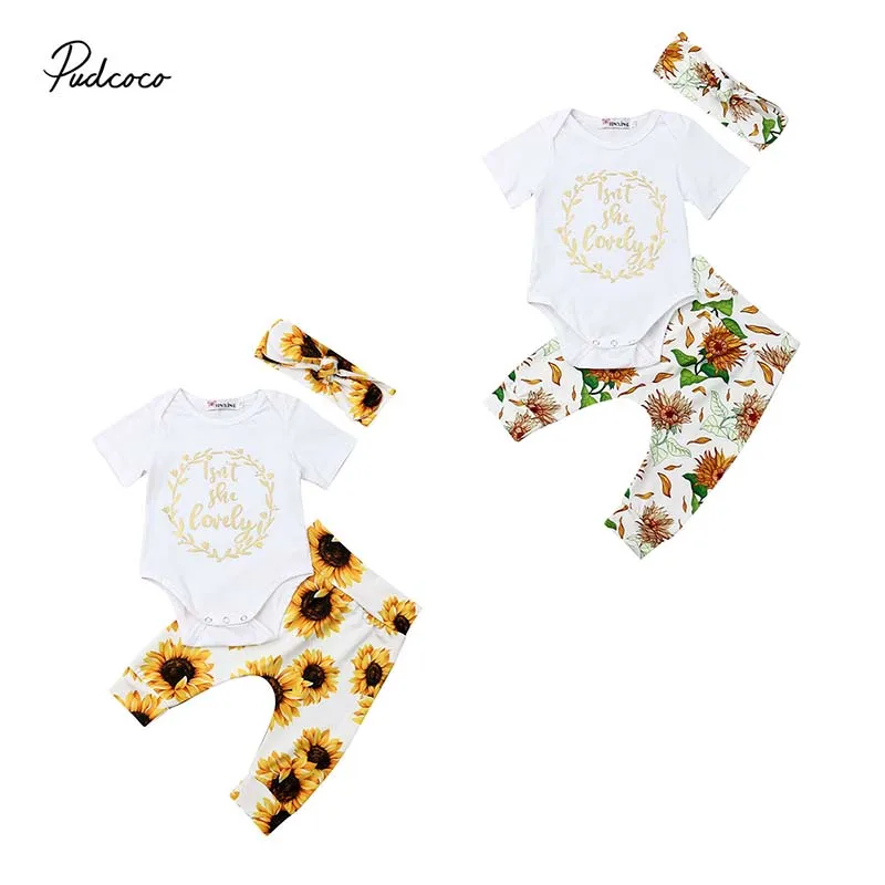 

2019 Brand 3PCS Toddler Kids Baby Girl Sunflower Clothes 2 Style Short Sleeve Romper Tops Floral Long Pants Boho Sunsuit Set New
