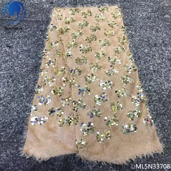 

BEAUTIFICAL 5 yards lace fabric african sequins lace fabric with sequins nigerian lace fabrics for wedding dresses ML5N337