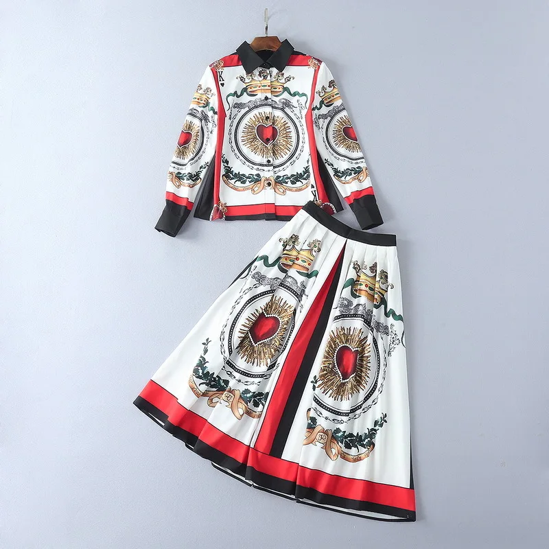 clearance-sale-european-and-american-women's-wear-the-new-spring-clothing-long-sleeve-love-crown-printed-shirt-pleat-skirt-suit