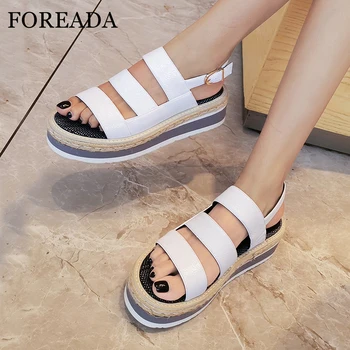

FOREADA Women Shoes Summer Sandals Patent Leather Flat Platform Shoes Fashion Buckle Open Toe Sandals Lady 2019 White Size 34-39