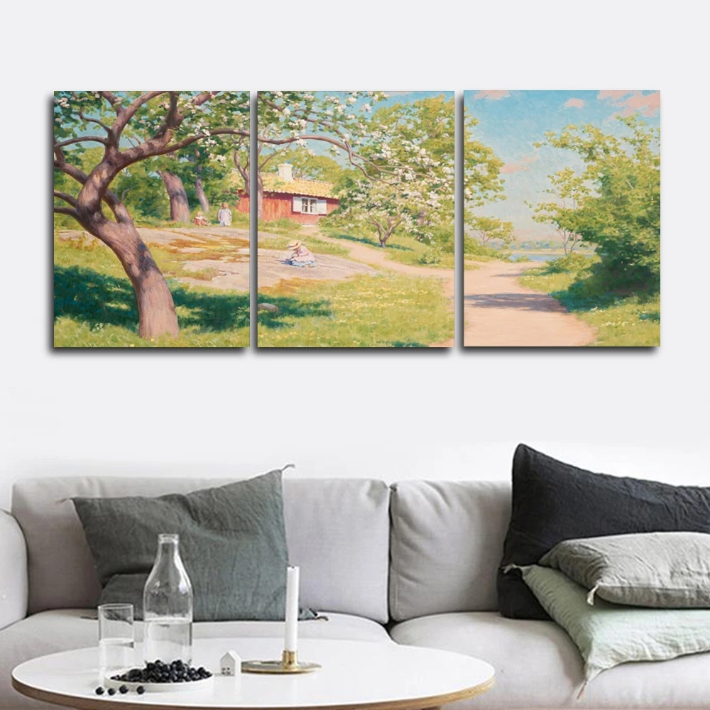 

3 Panel Spring Rural Green Tree House Posters and Prints Canvas Painting Living Room Wedding Home Decoration