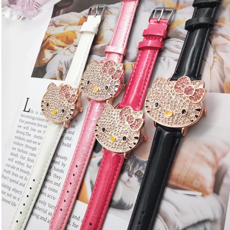 

Hot Sales Cute Leather Hello Kitty Watch Women Watches Crystal Dress Quartz Wristwatch relogio feminino Clock Gift Wristwatch
