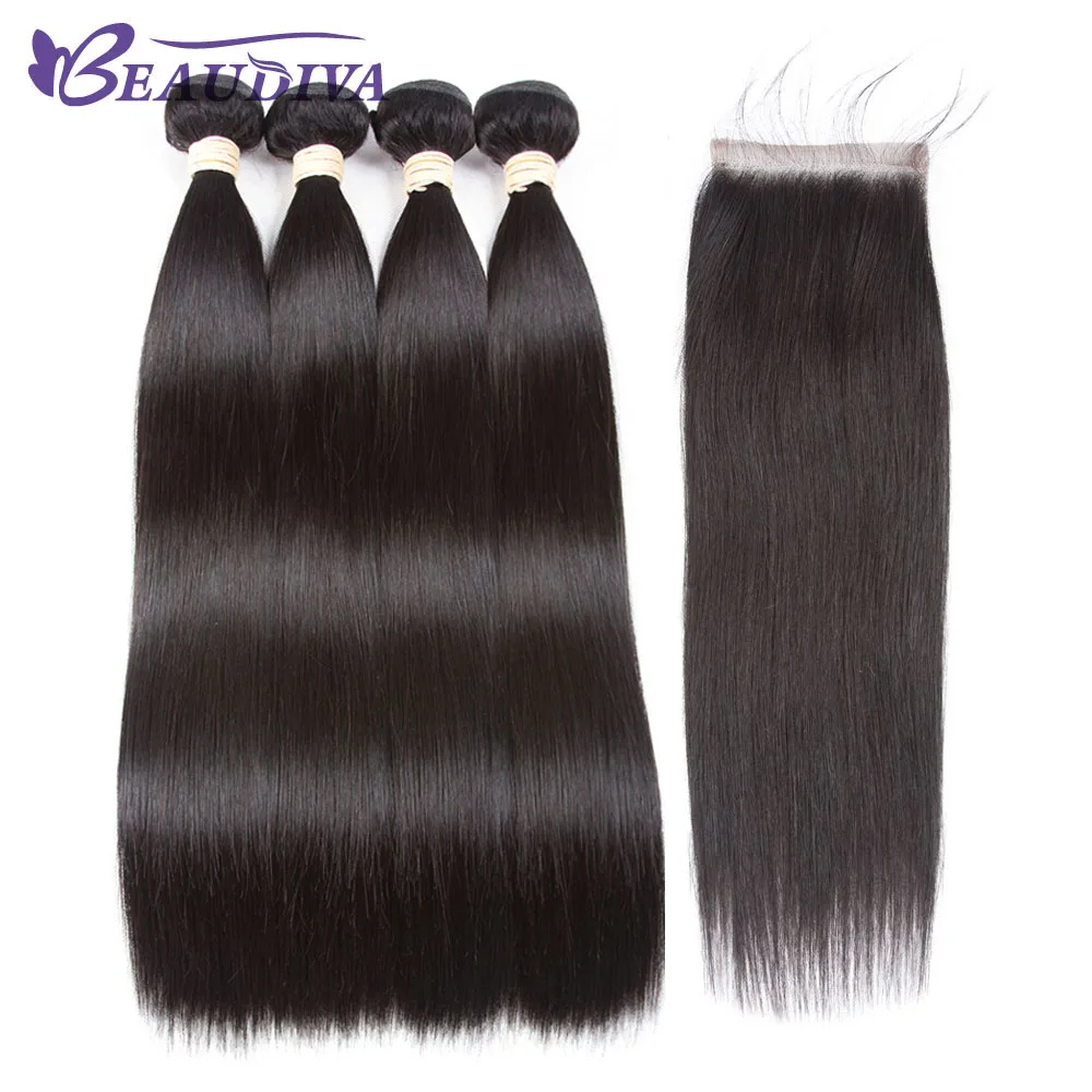 BEAUDIVA Peruvian Straight Hair Bundles With 4*4 Lace Closure Straight Hair bundles with closure Human Hair Bundles With Closure