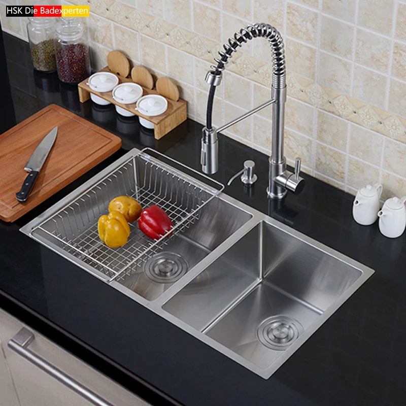 

HSK kitchen 304 stainless steel sink double trough set of thick handmade dishes to wash dishes under the kitchen sink