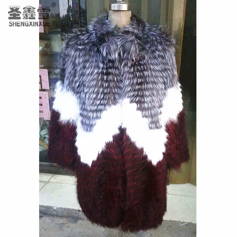 

2017 Autumn Winter Luxury Three-color stitching Style Real Silver Fox Fur Coat Natural Color Fur Collar Outerwear