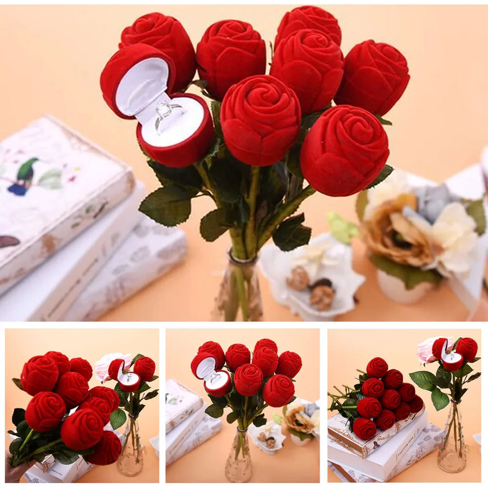 Useful Red Rose Flower Wedding Decoration Creative Propose Ring Jewelry Box Earring Ring Storage Jewelry Organizer Gift Case
