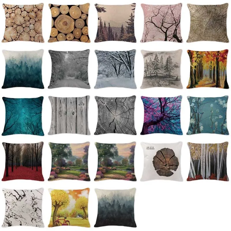 

High Quality Landscape Pillow Case Country Style Rings Tree Pillowcases Chair Sofa Linen Home Decoration Lumbar Cushion Cover
