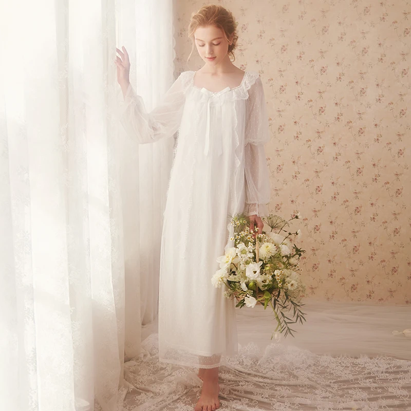 Ночная рубашка, женское длинное платье, сексуальное кружевное ночное белье, фея, для женщин, принцесса, кружево, длинный рукав, для невесты, подружки невесты, вечерние платья - Цвет: white