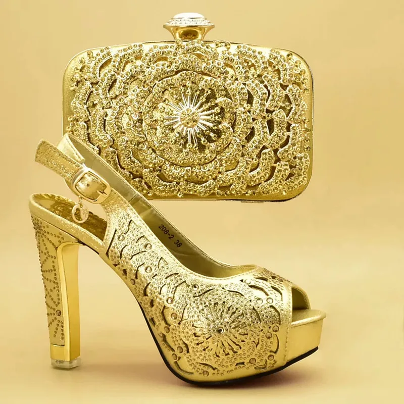 Latest Design African Women Wedding Shoes and Bag Set Decorated with Rhinestone Matching Italian Shoe and Bag Set Sexy Heels