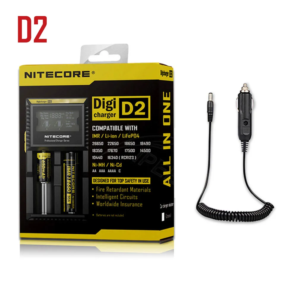 Бренд Nitecore D4 D2 I4 I2 Digi зарядное устройство lcd интеллектуальная схема Li-Ion для 26650 18650 16340 14500 AAA автомобильное зарядное устройство - Цвет: D2 with car charger