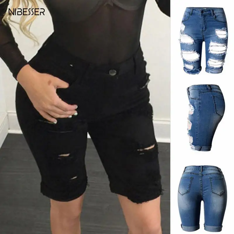 

NIBESSER 2019 Sexy Women Summer Elastic Hole Short Pants Denim Shorts Half Ripped Fly Jeans Trousers High Waist Drop Shipping