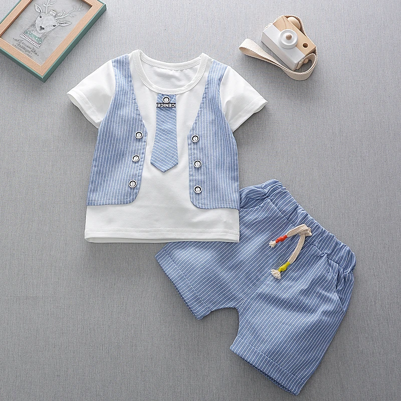 Летняя Детская Хлопковая одежда для маленьких мальчиков одежда для малышей Детский джентльменский ошейник с бантиком, футболка модная одежда для малышей Детский костюм - Цвет: Синий