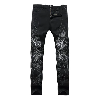 

Mens Wolf Print Denim Jeans Hip Hop Jeans Slim Straight Stretch Jeans Hight Quality Pleated Zipper Pants Nightclubs Singers