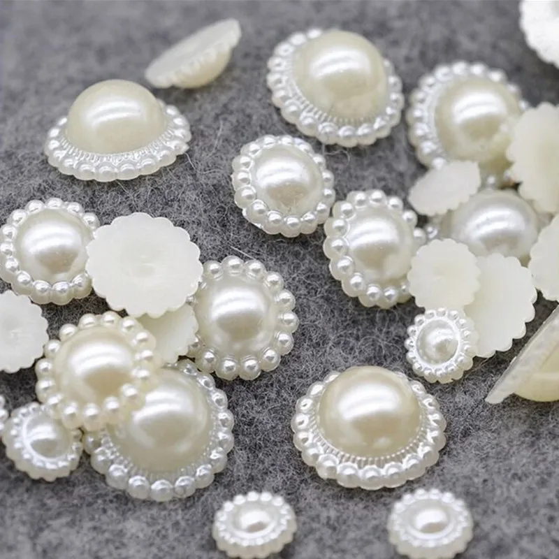 

11/13mm Hot Sale 40Pcs White Colors Imitation Pearls Half Round Flatback Flower Beads For DIY Jewelry Craft Scrapbook Decoration