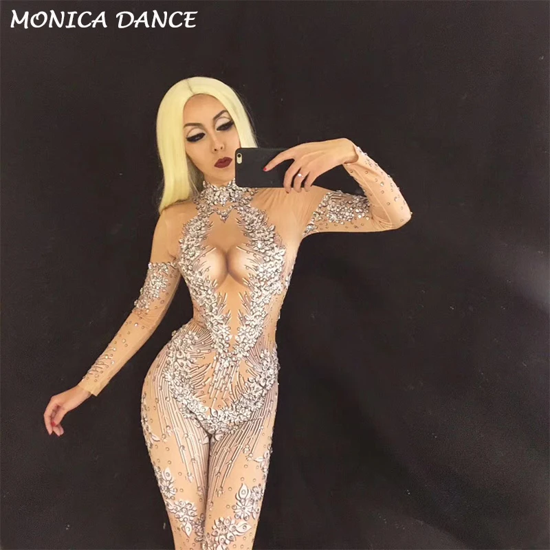 

3D Printing Sexy Stage Sparkling Crystals Jumpsuit for Singer Bodysuit Nightclub Birthday Party Performance Stage Wear Costume