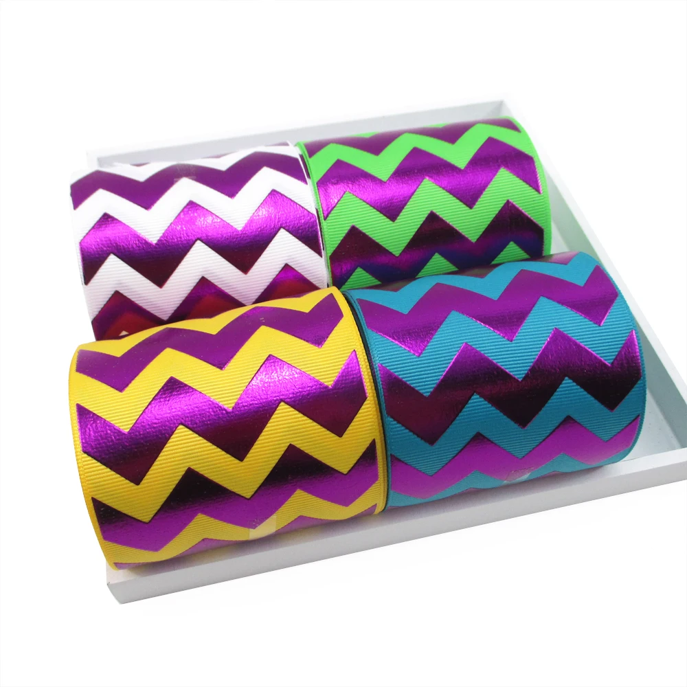 

david angie 3"(75MM) Silver Gold Chevron Printed Grosgrain Ribbon Tape 5Y,DIY Gift Packing Wrap,Wedding Decoration,5Yc674