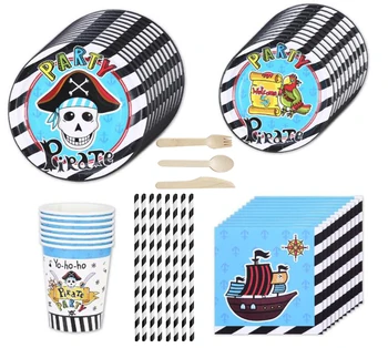 

Serves 8 Kids Striped blue pirate theme birthday party disposable tableware dinnerware set party supplies set paper plates cups