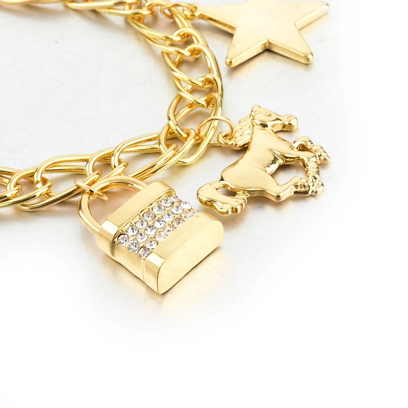 LongWay женский золотой браслет со звездой подвеска с изображением лошади замок цепочка из звеньев с шармом браслет Pulseras Sbr160106