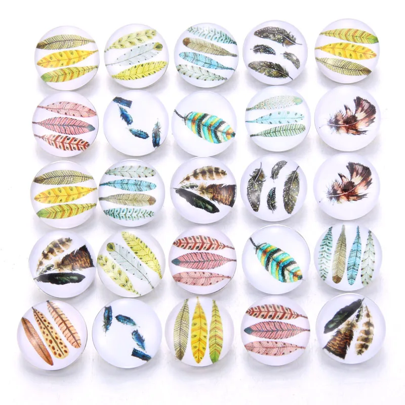 

10pcs/lot New Snap Jewelry Vintage Feather 18mm Glass Snap Buttons Fit Silver Leather Snap Button Bracelet Buttons Jewelry