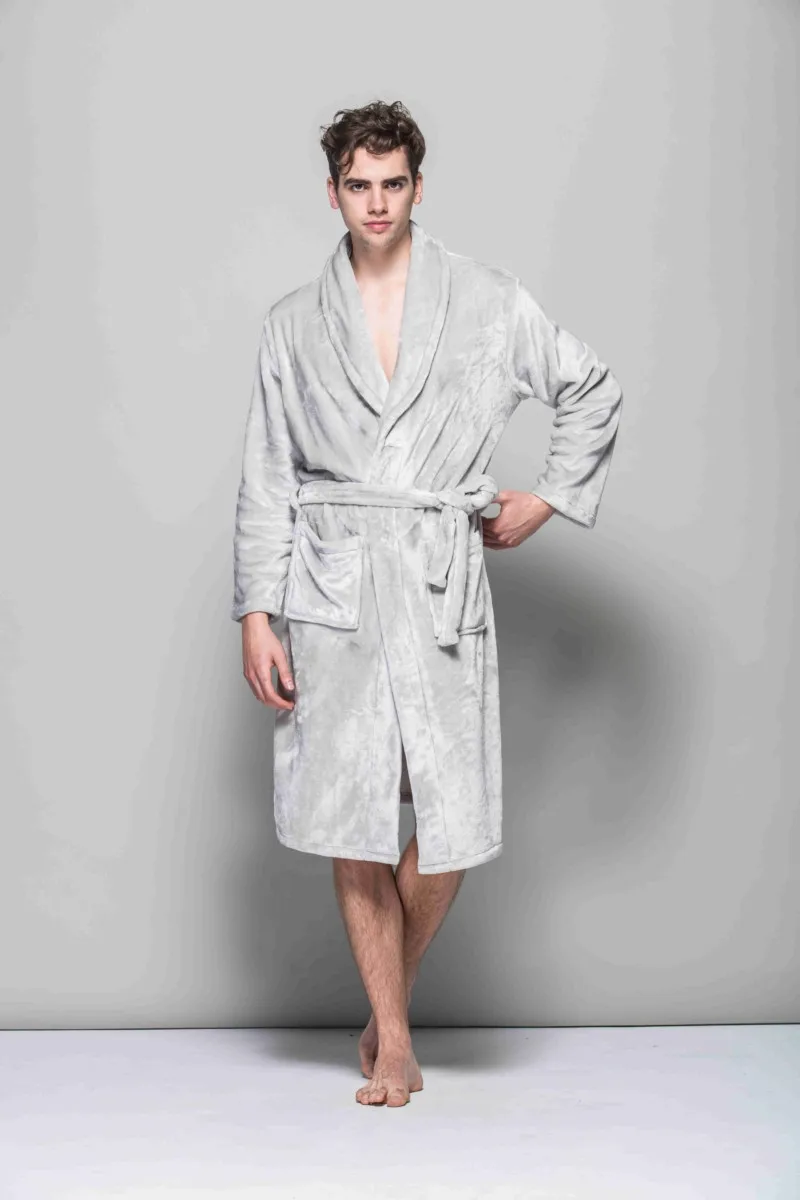 2018 мягкие качество фланель халаты человек черный серый дома ткань зимние длинные для ванной для мужчин Spa