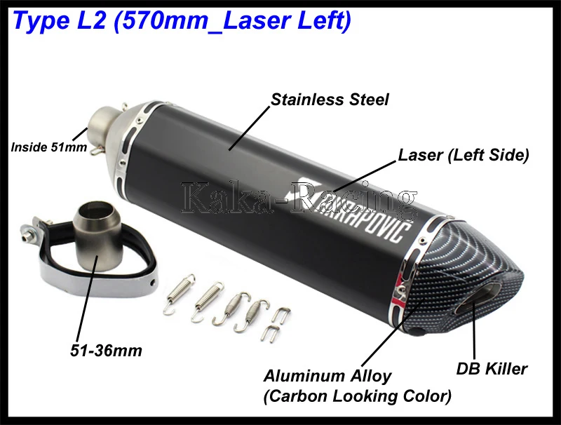 Полностью черный 570 мм/470 мм длина Akrapovic moto rcycle выхлопная труба мото rbike выхлопной глушитель мото левая сторона и правая сторона - Цвет: Type L2 left laser