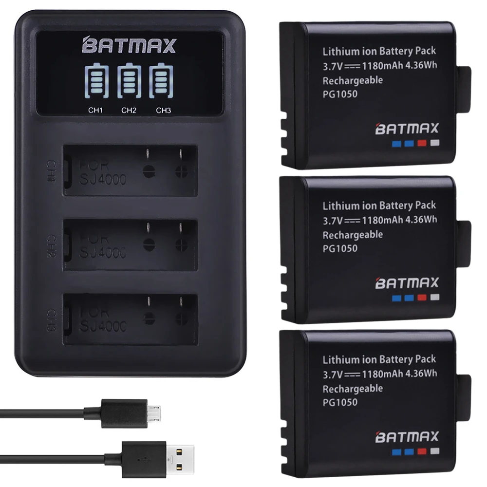 Batmax 3Pc 1180Mah PG1050 Li Ion Batterij + Led 3Slots Usb Oplader Voor Action Camera Sjcam, eken H9R H3 H3R H8PRO H8R|Digitale accu's| - AliExpress