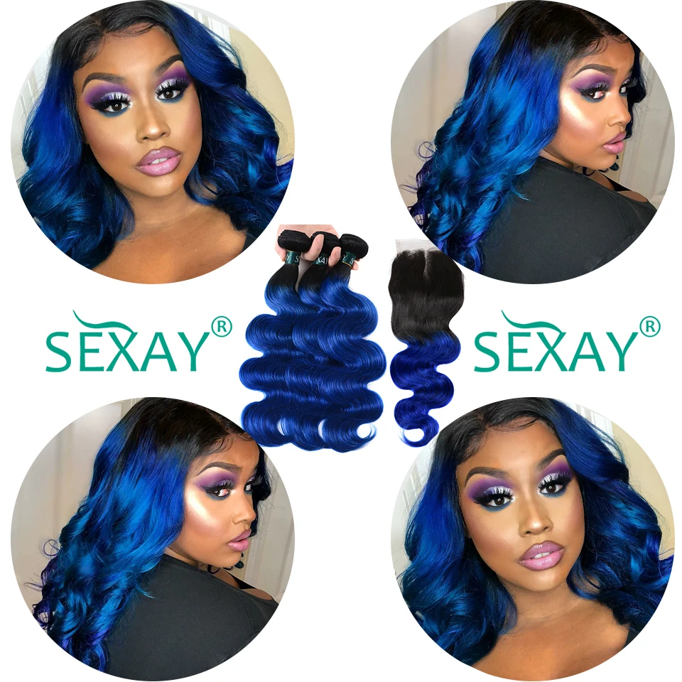Sexay бразильские Синтетические Волосы Волнистые 1B/синяя покраска методом Омбре человеческие волосы с детскими волосами для наращивания не Реми 2 тона предварительно окрашенные волосы