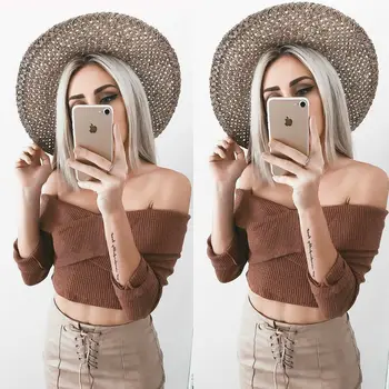 

Women Sweaters Casual Knitted Off Shoulder Sweater Jumper Pullover Cropped Tops Knitwear Casual Women Clothes