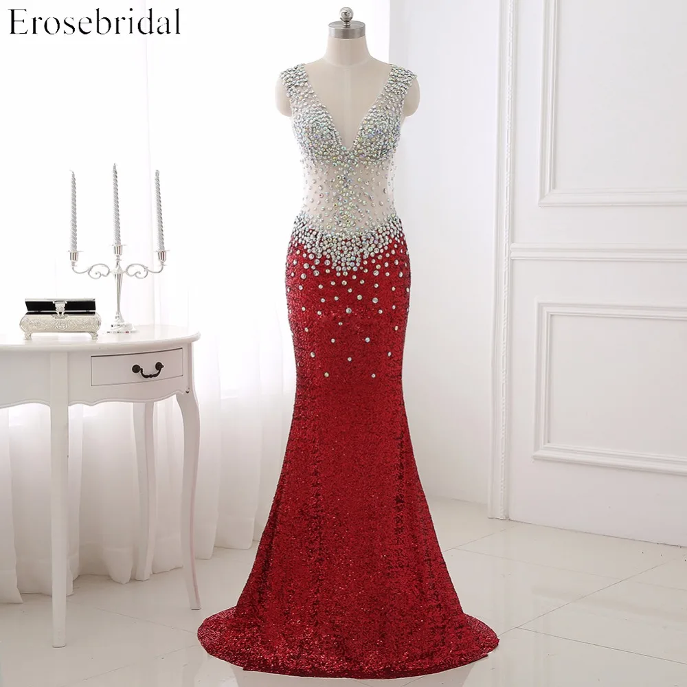 

High Quality Sequined Mermaid Evening Dress Sleeveless Deep V Neck Open Back Sweep Train Formal Party Dress WYE104