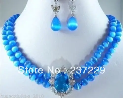 

Wholesale price FREE SHIPPING ^^^^Pretty 2 Rows 8MM Blue Opal Necklace Earring