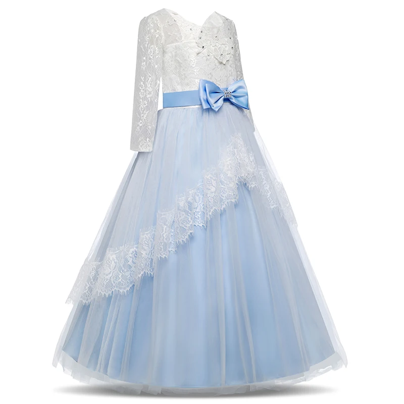 Детское праздничное длинное платье; Элегантное свадебное платье для девочек; вечерние платья с кружевными рукавами; торжественный костюм принцессы для детей 14 лет