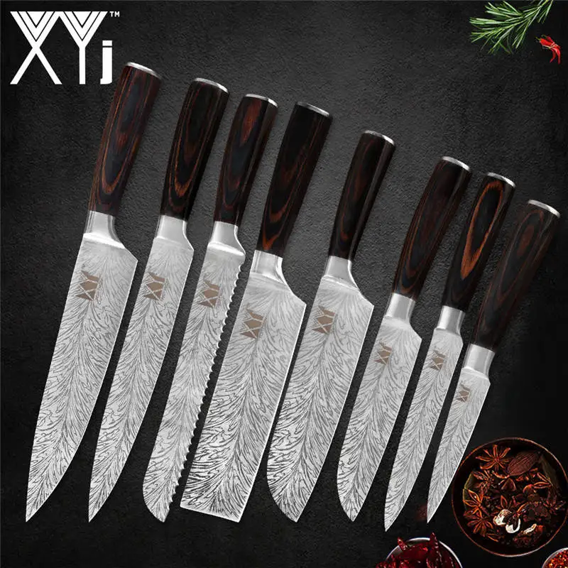 A.8pcs set XYj 8 шт. набор ножей из нержавеющей стали дамасский узор острый 7cr17 лезвие Нескользящая деревянная ручка мясной нож шеф-повара кухонный аксессуар - Цвет: A.8pcs set