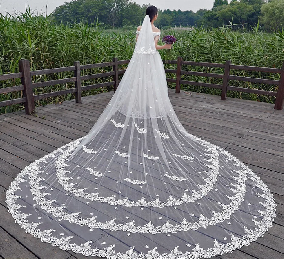 

2023 New hot 5 Meters 3 Layer Lace Tulle Long Wedding Veil New White Ivory 5 M Bridal Veil with Comb Velos De Novia Accessories