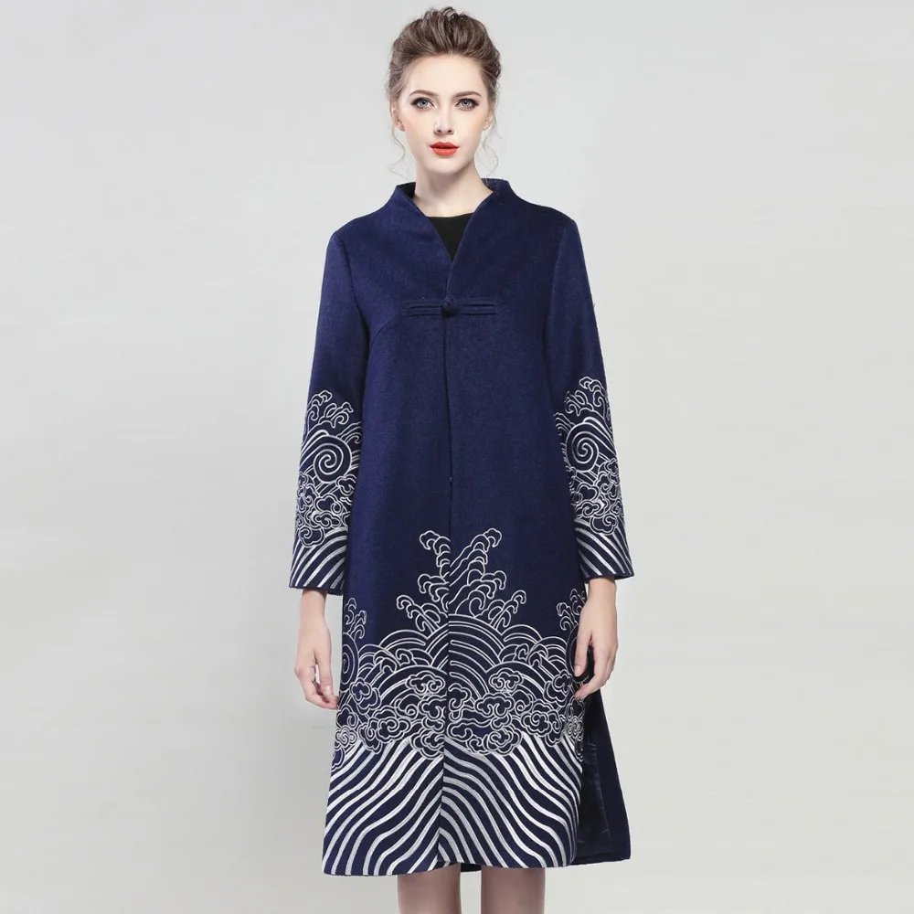 

Winter Coat Women New Boutique Embroidered Stand Collar Single Frog Closure Wide-waisted Split X-Long Coats Female M-XXL
