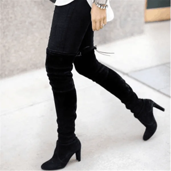 Winter Shoes Women Boots Over Knee Stretch Flock Boots Slip-on High-heeled Female Shoes Slim Confort Ladies Shoes