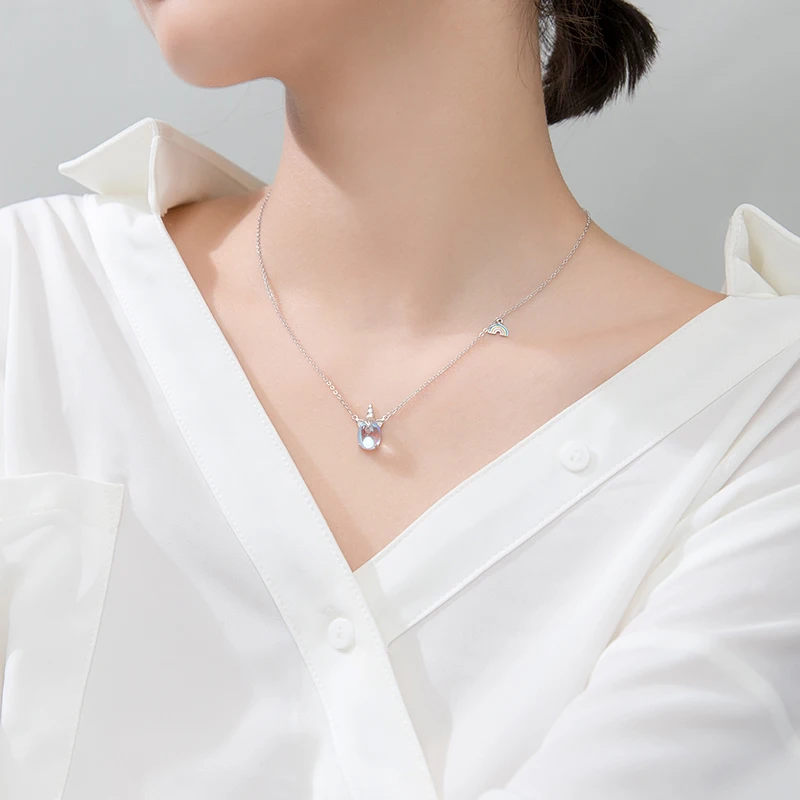 Серебряное Радужное ожерелье с подвеской в виде единорога 925 Lucky Moonstone Chain Necklce для девушек и женщин модные ювелирные изделия