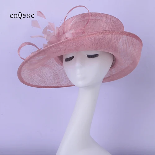 BLUSH PINK Королевский синий sinamay шляпа платье шляпа шляпка для церкви для свадебной вечеринки матери невесты w/перо цветок - Цвет: BLUSH PINK