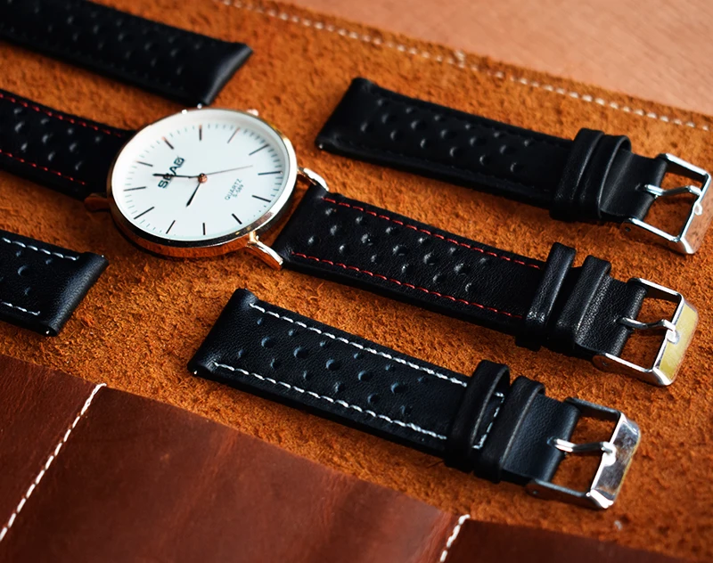 Watch Band Genuine Leather straps black with red/black/white stitching18mm 20mm 22mm 24mm watch accessories  High Quality