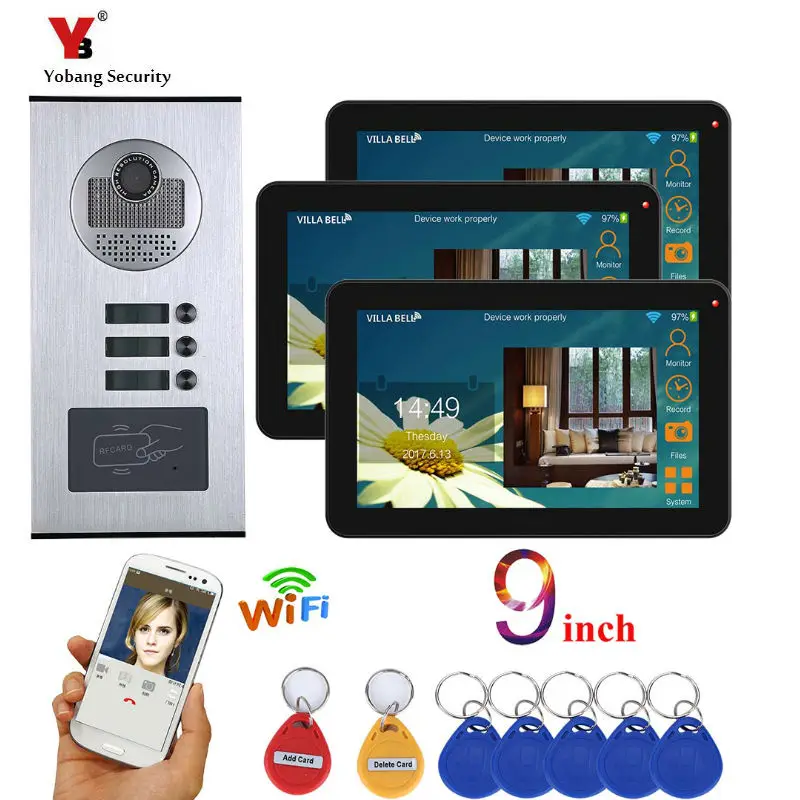 

Yobang Security 3 Apartment APP Control RFID Camera 9 Inch Wifi Wireless Video Door Phone Doorbell Speakephone Intercom System