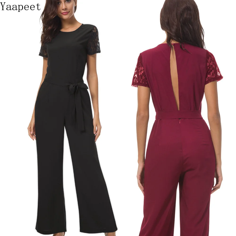 

Backless Commuter Casual Pants New Spring Summer Elegant O-Neck Short Sleeve Patchwork Lace Up Rompers Jumpsuits Sexy Jumpsuit