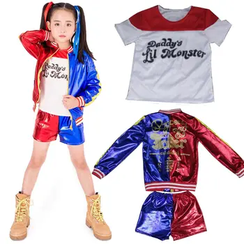 

Kids Girls Harley Quinn Costume Set Suicide Squad Harley Quinn Cosplay Outfit Jacket T-shirt Shorts Halloween Costumes for Kids